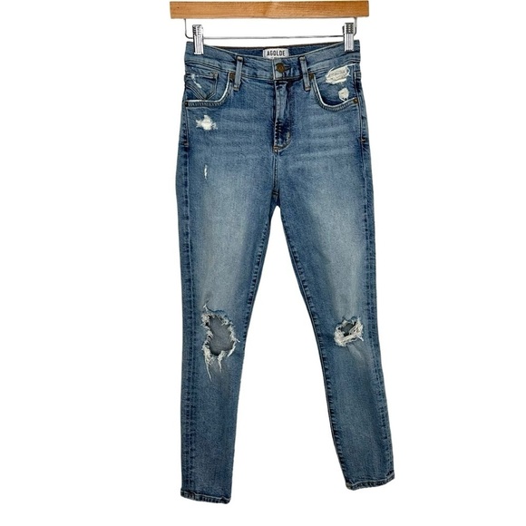 AGOLDE Womens Sophie High Rise Skinny Crop Distressed Jeans Size 24 Blue Stretch